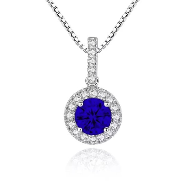 14k Gold 1ct. Sapphire Diamond Halo Necklace Italy Sterling Silver - Picture 2 of 11